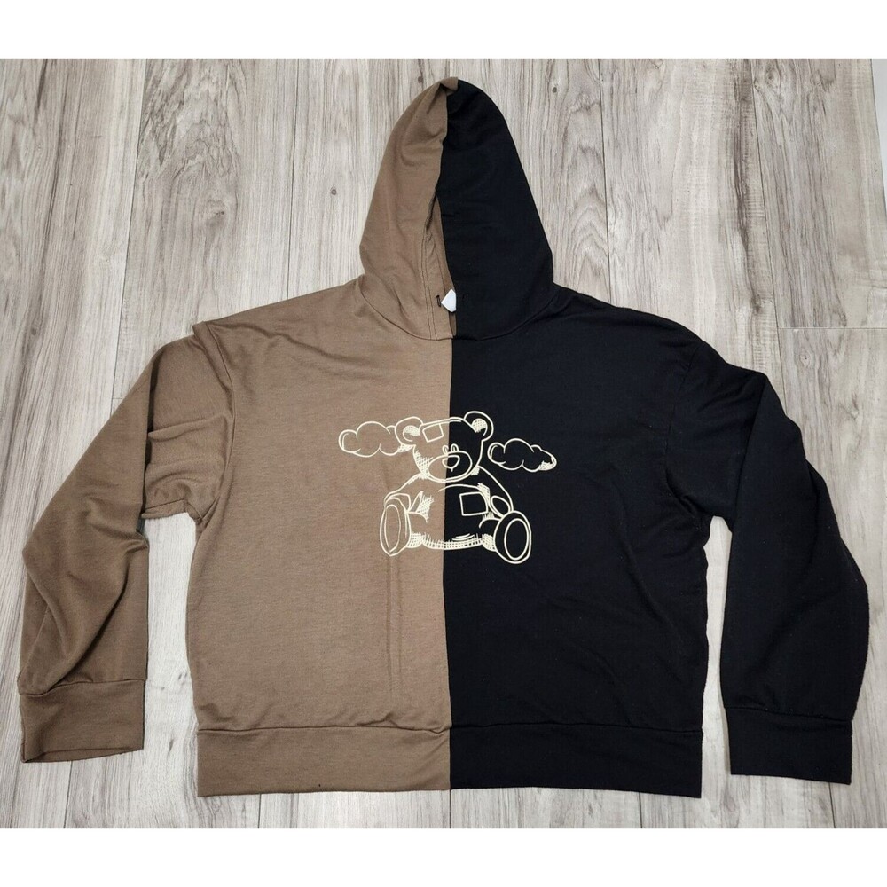 ROMwe EZwear Plus Two Tone Bear Print Drawstring Hoodie
